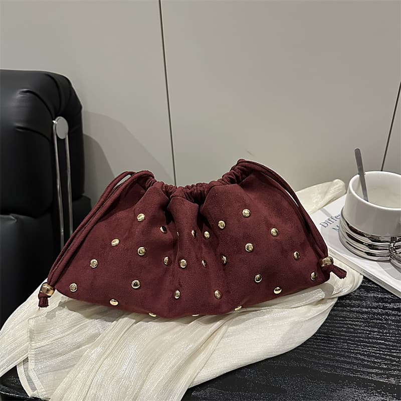Niche frosted rivet handbag for women 2026 atmosphere retro style shoulder bag simple casual versatile bucket bag
