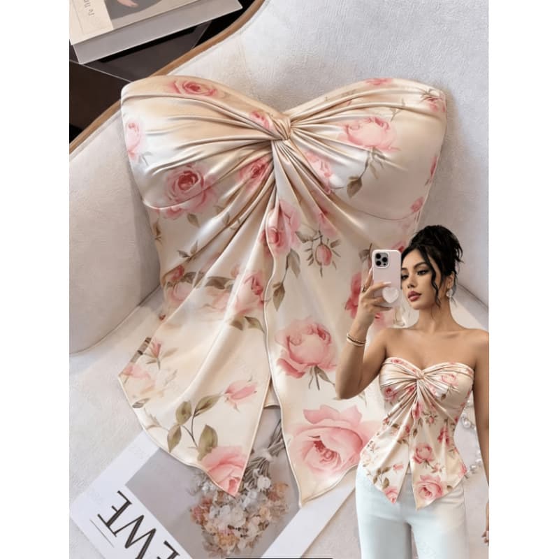 Cross-border Sexy Print Twist Knot Fitted Tube Top 2026 Summer New Style Fashion Off-Shoulder Slim Top