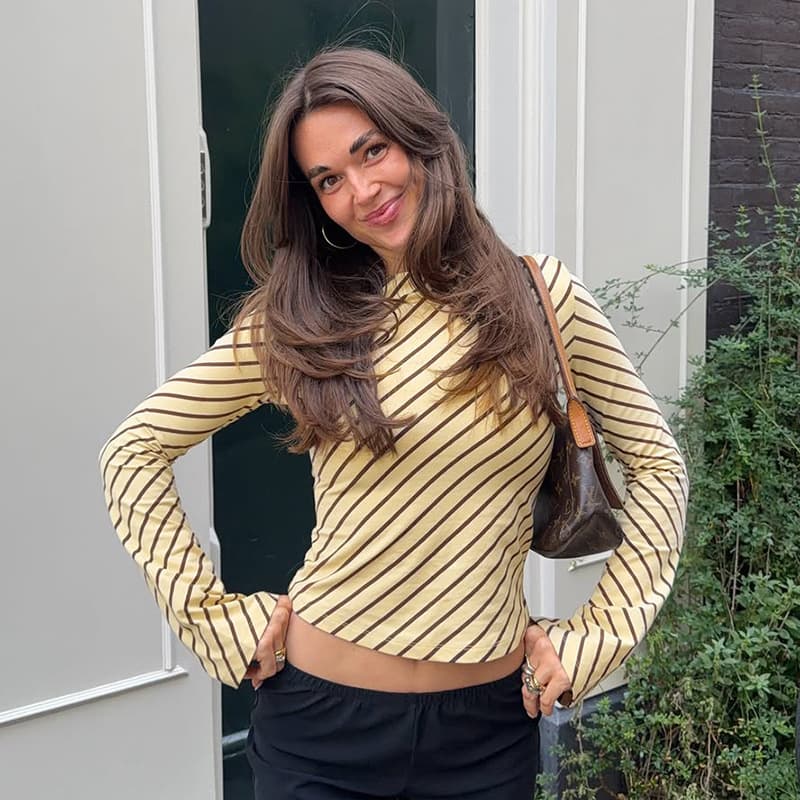Cross-border women's French retro striped long-sleeved midriff-baring top, slim and slightly translucent sexy striped top