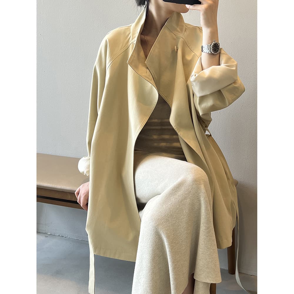 Yanshuang French Retro Elegant Mid-Length Trench Coat for Women Autumn Loose Waist-Cinching Stand Collar Top 82132