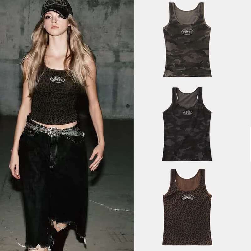Badblood American Retro Leopard Camo Slim Fit Muscle Tank Top - Sexy Sporty Casual Layering Top