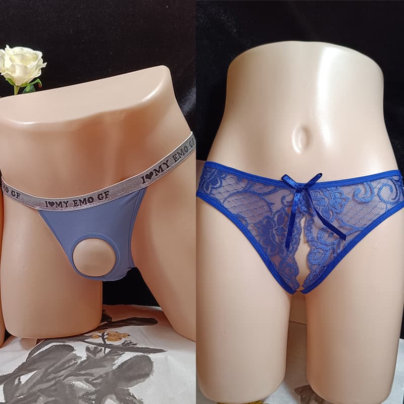 2-Piece Couple Underwear Set: Sheer Sexy Cutout Low-Rise Lace Thong for Men and Women
