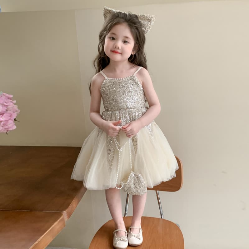 Girls Summer Sequined Mesh Camisole Dress 2026 New Style Sweet Mermaid Princess Dress for Performance