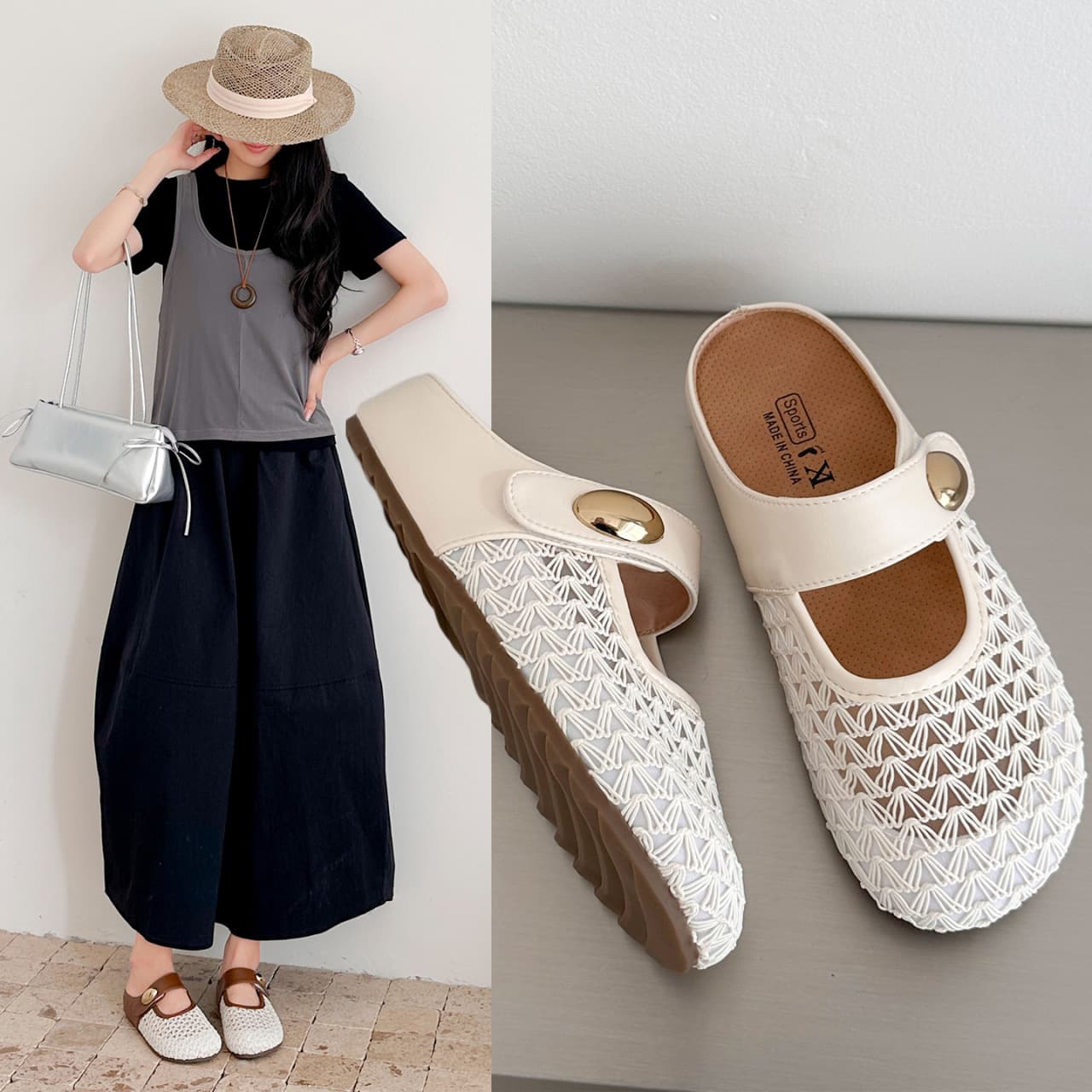 Mesh Hollow Breathable Woven Closed-Toe Half Slippers for Women Summer 2026 New Style, Versatile Flat Sandals to Pair with Dresses