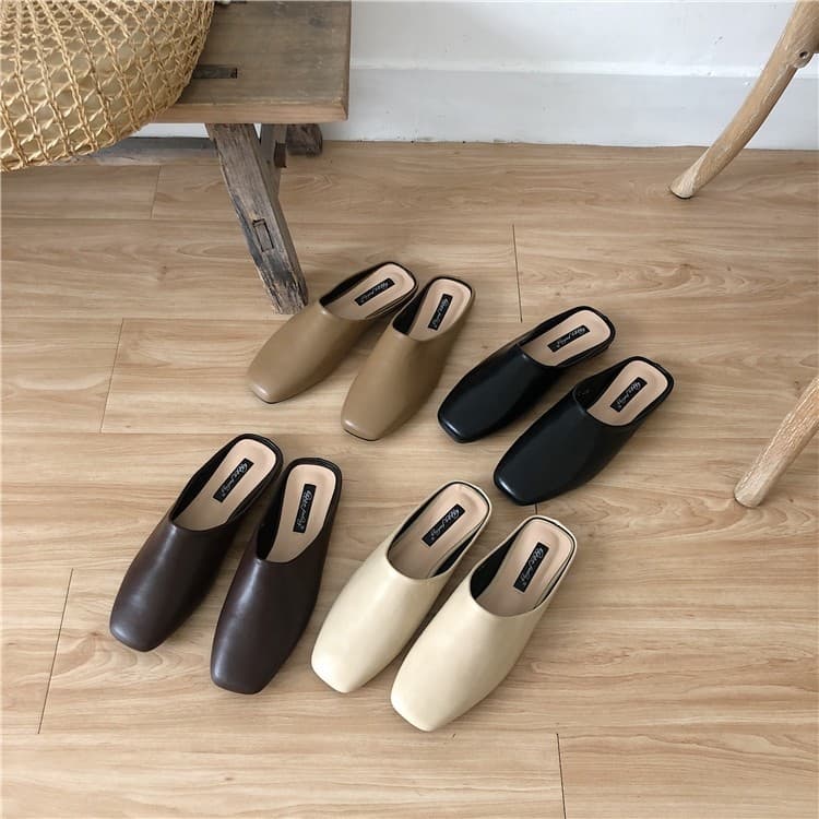 Happyfeeling Korean Fashion Retro Mule Women's Shoes Low Heel Slip-On Square Toe Flat Sandals Trendy