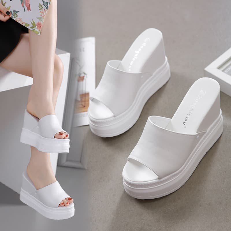 10CM Summer New Platform Wedge Heels Waterproof Platform Thick Sole White Slippers Black Peep Toe Sandals Women