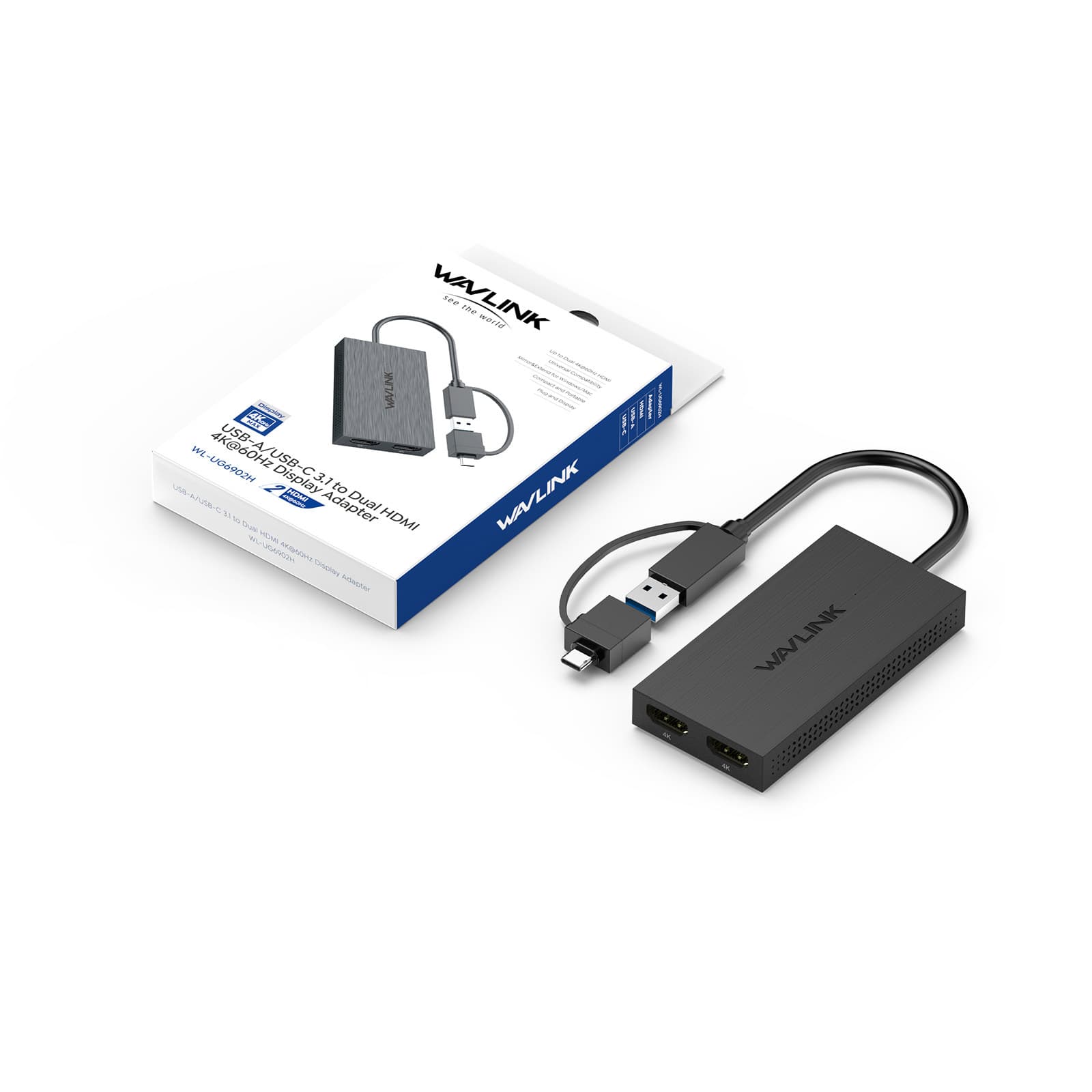 USB-A/USB-C to Dual HDMI 4K@60Hz Display Adapter 6902H