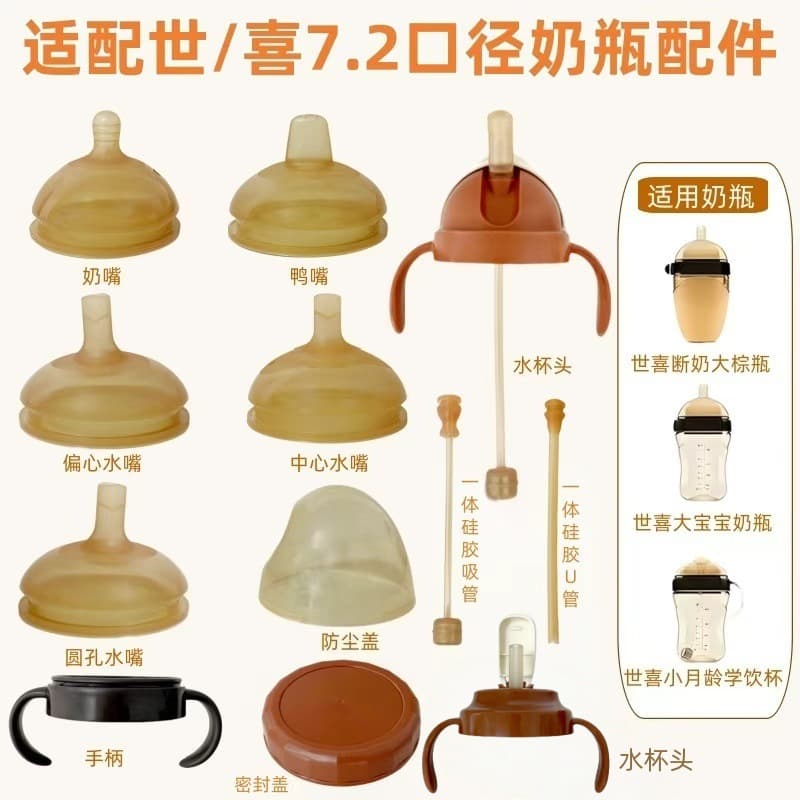 Beizhixing compatible with Shixi 7.2 baby bottle accessories, including baby duckbill nipple replacement, sippy straw, and gravity ball.