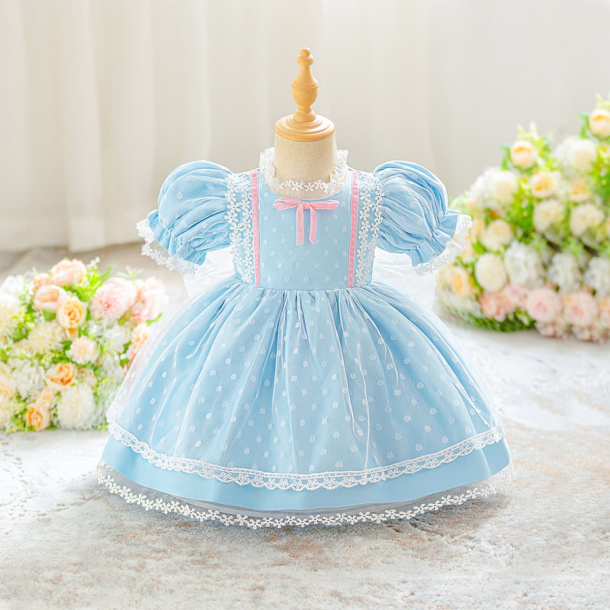 Palace Style Bow Princess Dress Girl Baby Birthday Dress Mesh Dress Children's Lolita Blue Skirt