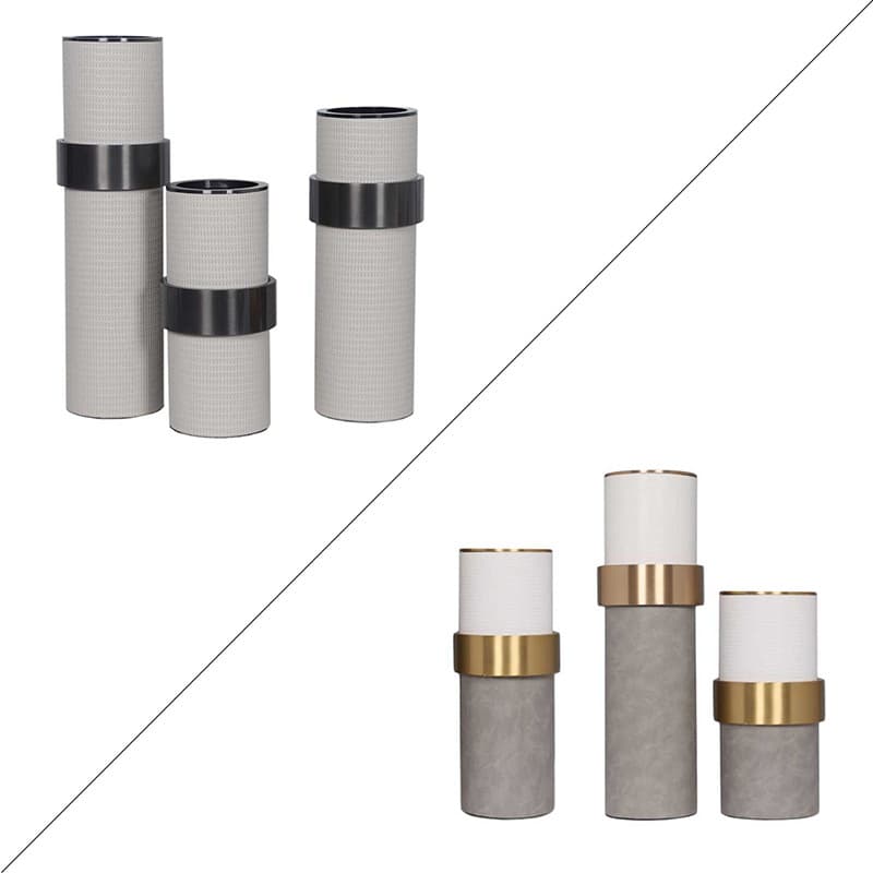 New Factory Direct Metal Leather Vase with Gold Ring Geometric Flower Vase Decor for Living Room Showroom