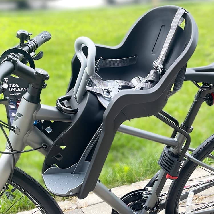 Mountain bike child front seat, quick-release, lightweight, adjustable pedals.