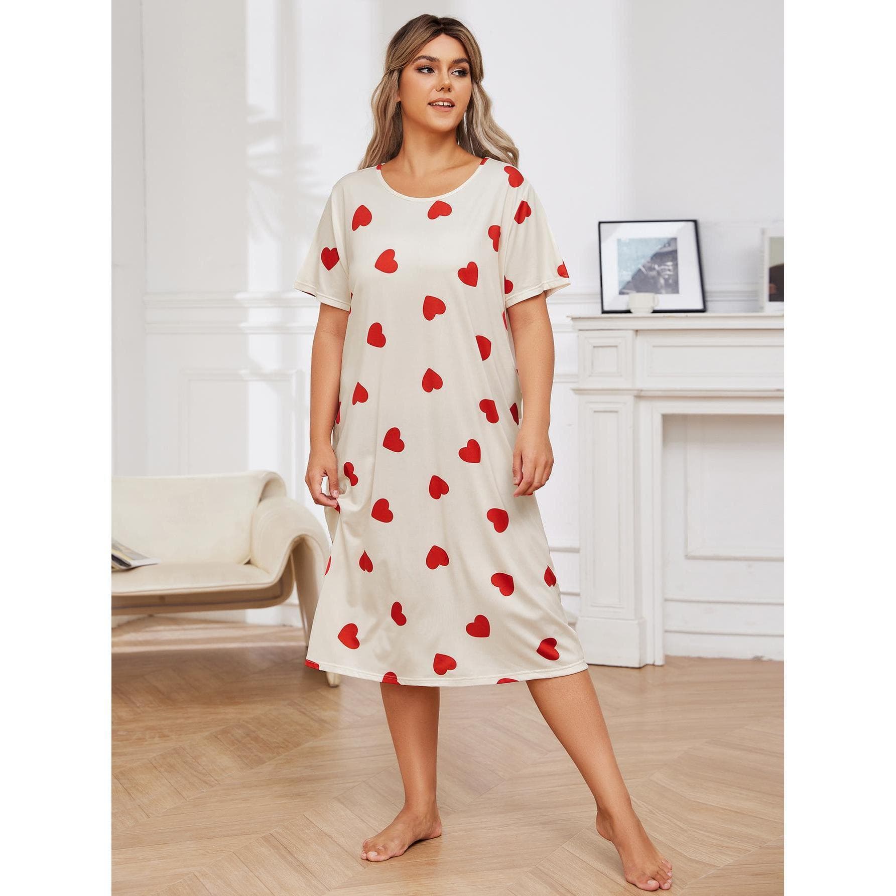 Plus Size Pajamas for Women Summer Oversized Heart Print Short Sleeve Nightgown