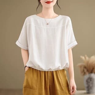 Cotton Short Sleeve T-Shirt for Women 2026 New Style, Artistic Simple Loose Fit Basic Round Neck Pullover Solid Color Top