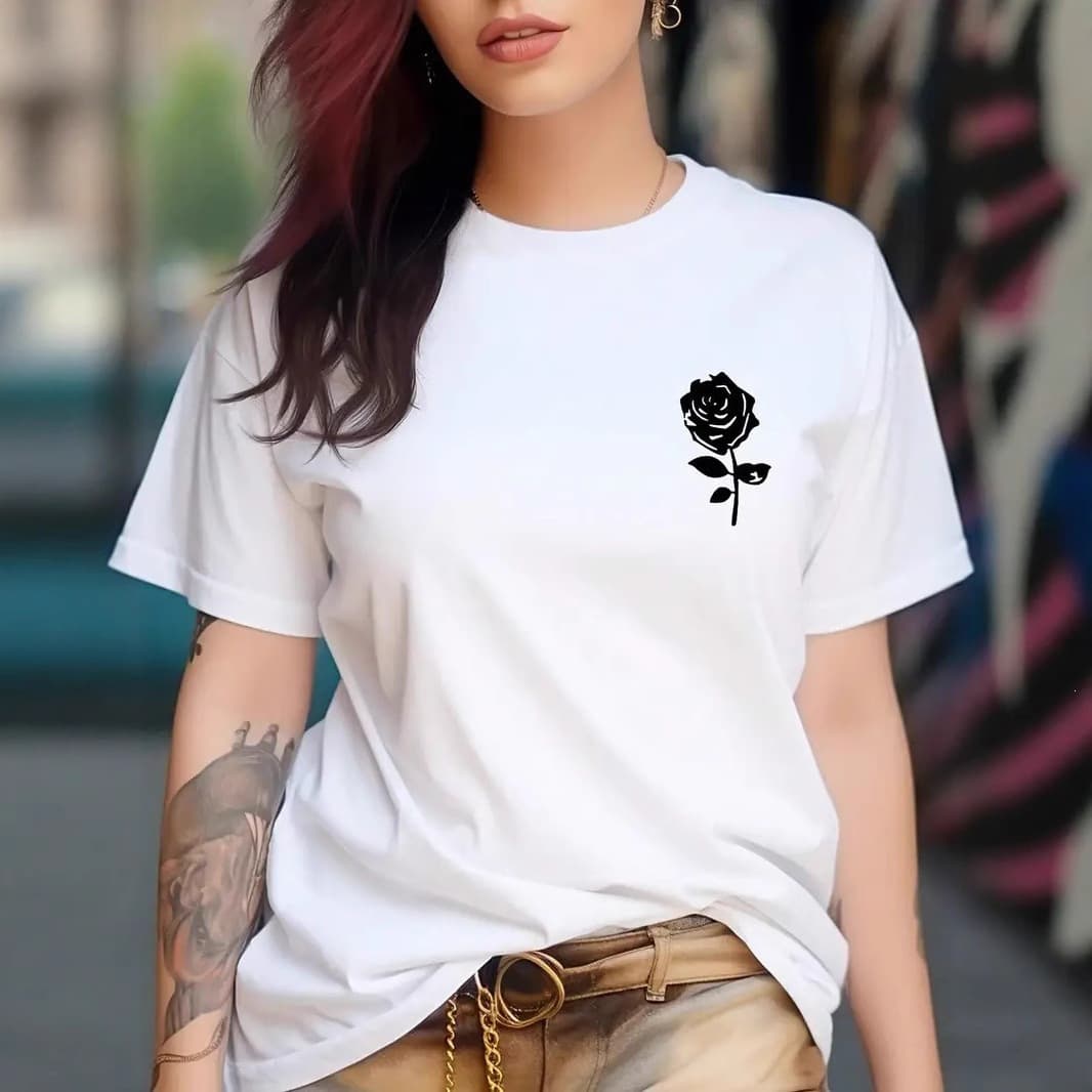 International Site Shein Foreign Trade Resort Style Spring and Summer Women's Black Rose Simple Print Women's Short-Sleeved T-Shirt
