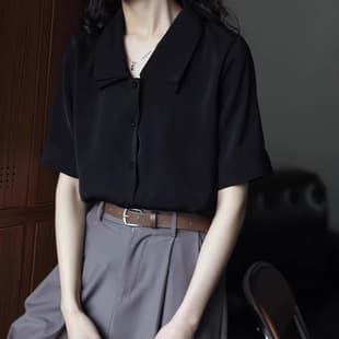 Wholesale Black Double Layer Collar Short Sleeve Blouse for Women Youthful Slimming Solid Loose Fit Top