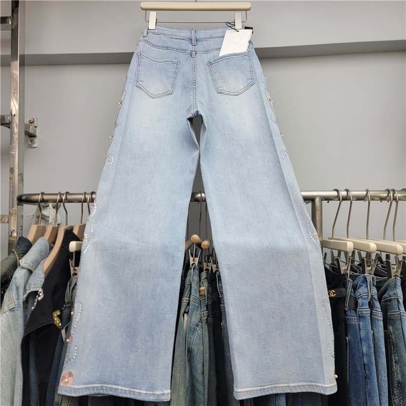 Women's Embroidered Rhinestone Denim Pants 2026 New Spring High-Waist Loose Fit Versatile Studded Wide-Leg Pants