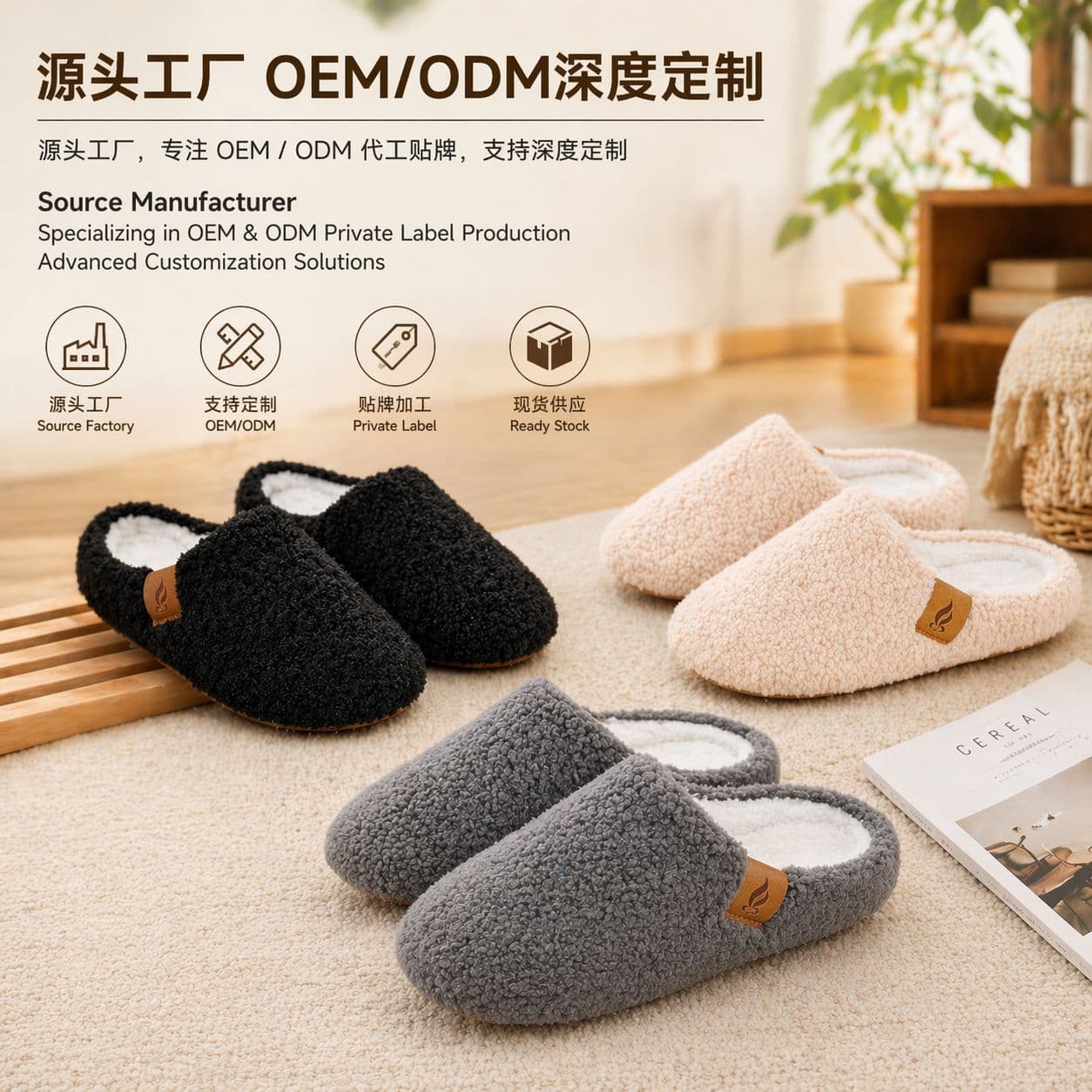 Amazon Soft-Soled Cotton Slippers, Non-Slip Plush Women's Slippers, Ready Stock Wholesale Custom Home Indoor Cotton Slippers