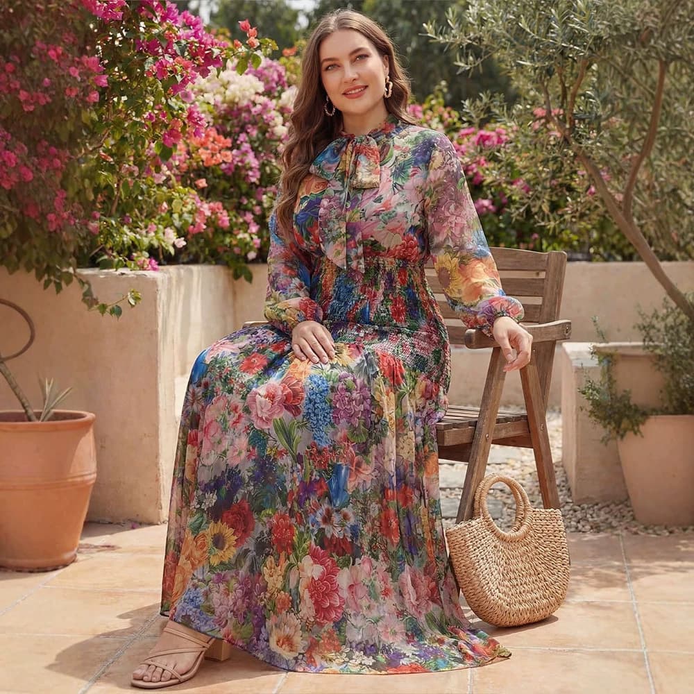 KYP1813 Retro Large Size Women's Fluttering Neck Multicolor Flower Random Print Long Sleeve Long Hip Cover Vacation Dress