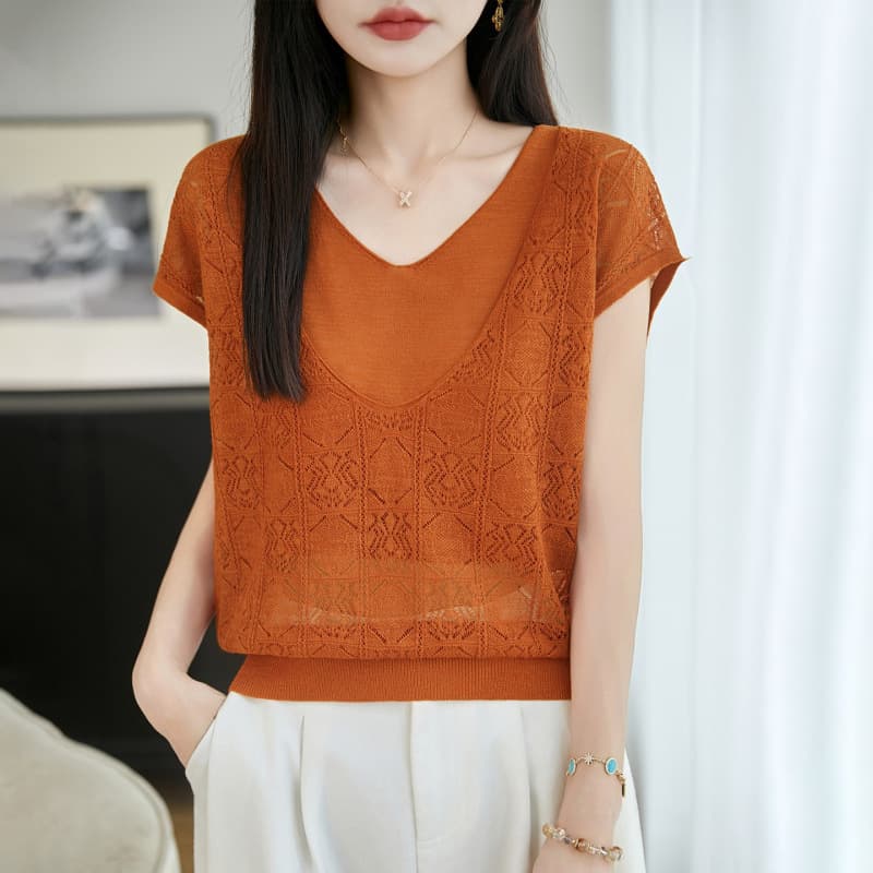 Yellow V-Neck Short Sleeve Hollow Knit T-Shirt for Women, New Summer Style, Layered Look, Elegant Top