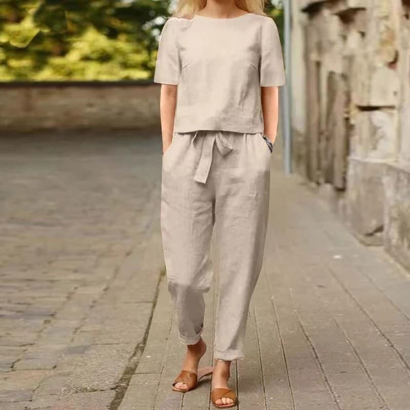 2025 Cross-border Women's Linen Cotton Summer Matching Set: Short Sleeve O-Neck Oversized Blouse with Wide-Leg Pants, Vintage Two-Piece Set