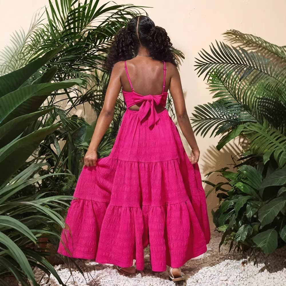 Girls' Holiday Rose-Red Suspender Dress with Bow Back Detail and Full Flared Skirt