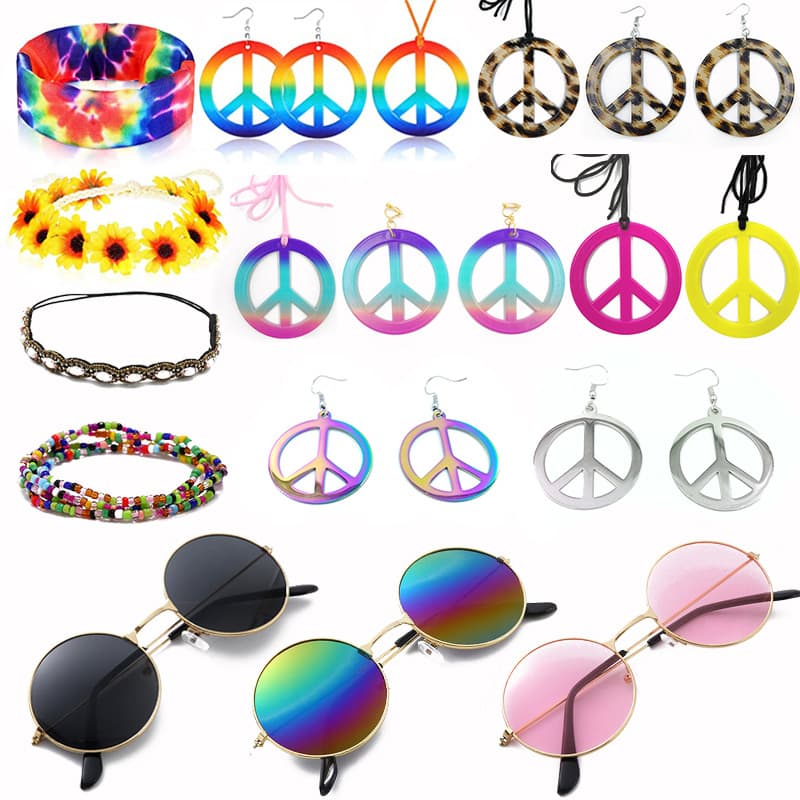 Halloween Carnival Party Colorful Peace Charm Necklace Earrings Party Set Hippie Kit Dress Up Props