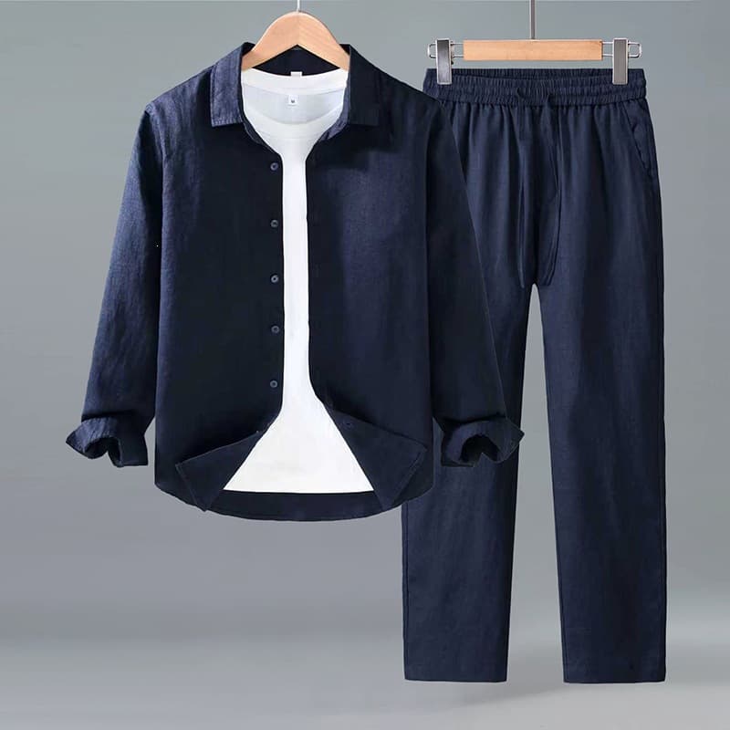 2026 Summer Linen Set Men's Shirt + Pants Casual Lapel Shirt Plus Size Cotton Linen Set