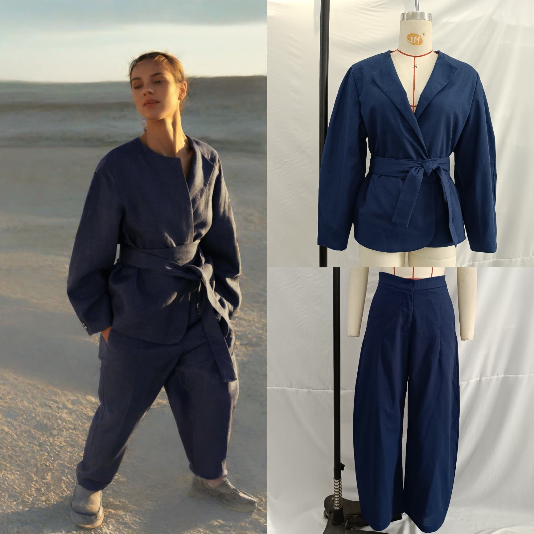 Fashion set 2025 new product European and American cross-border women's clothing linen kimono style jacket top + linen scimitar pants