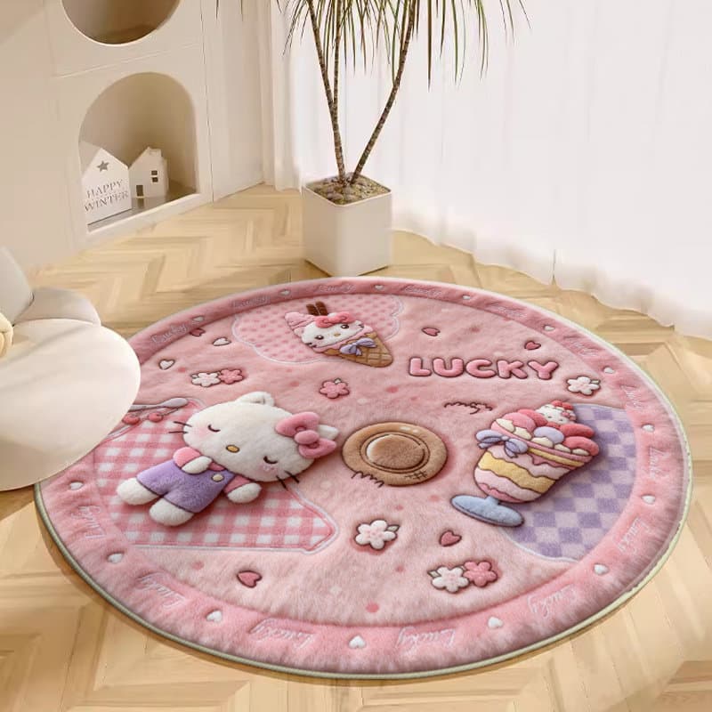 Cartoon Cute Round Faux Cashmere Plush Hello Kitty Living Room Sofa Coffee Table Rug Bedroom Closet Cooling Mat