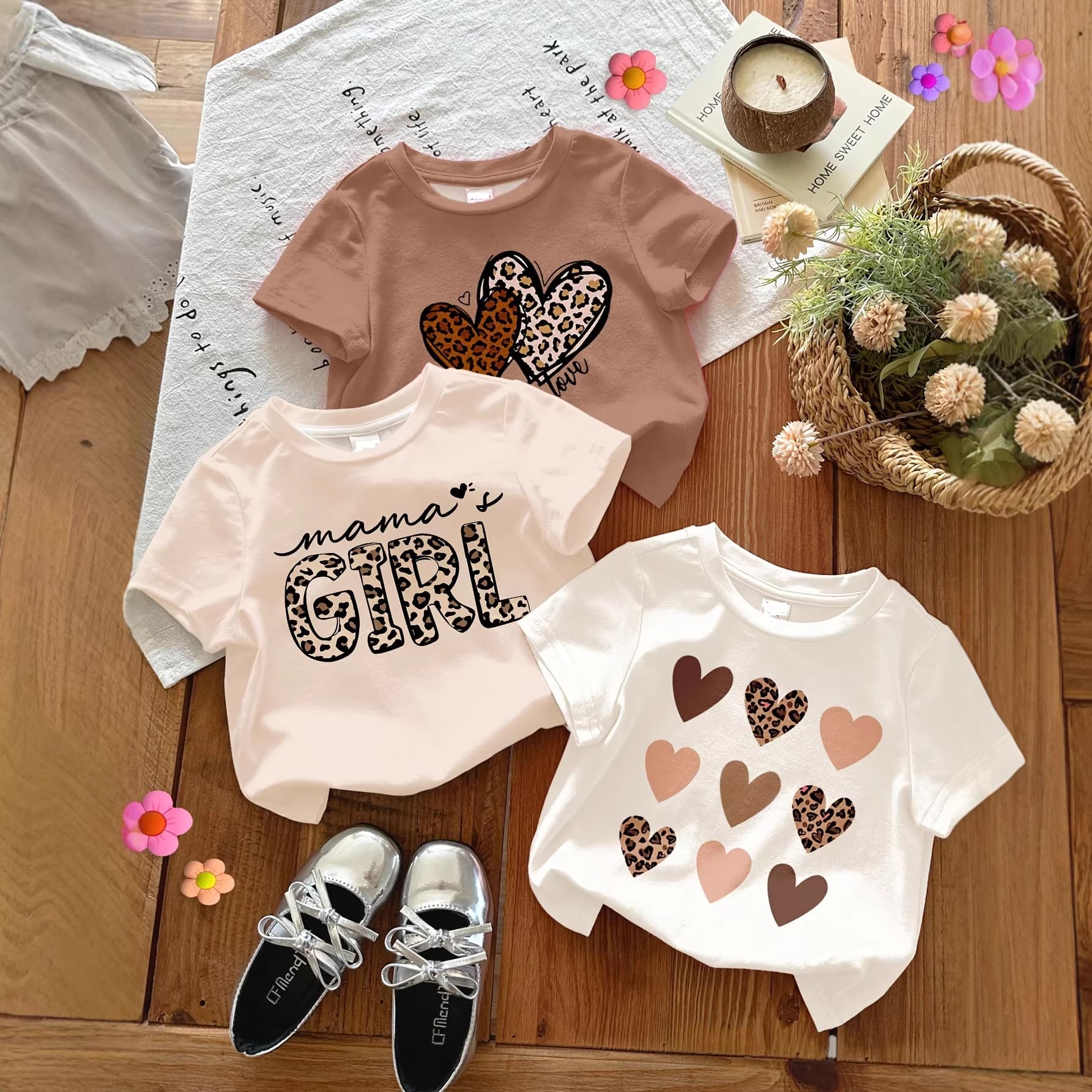 3-Pack Girls' Cute Heart Letter Leopard Print Comfortable Fashion Round Neck Short Sleeve T-Shirt for Toddlers and Kids