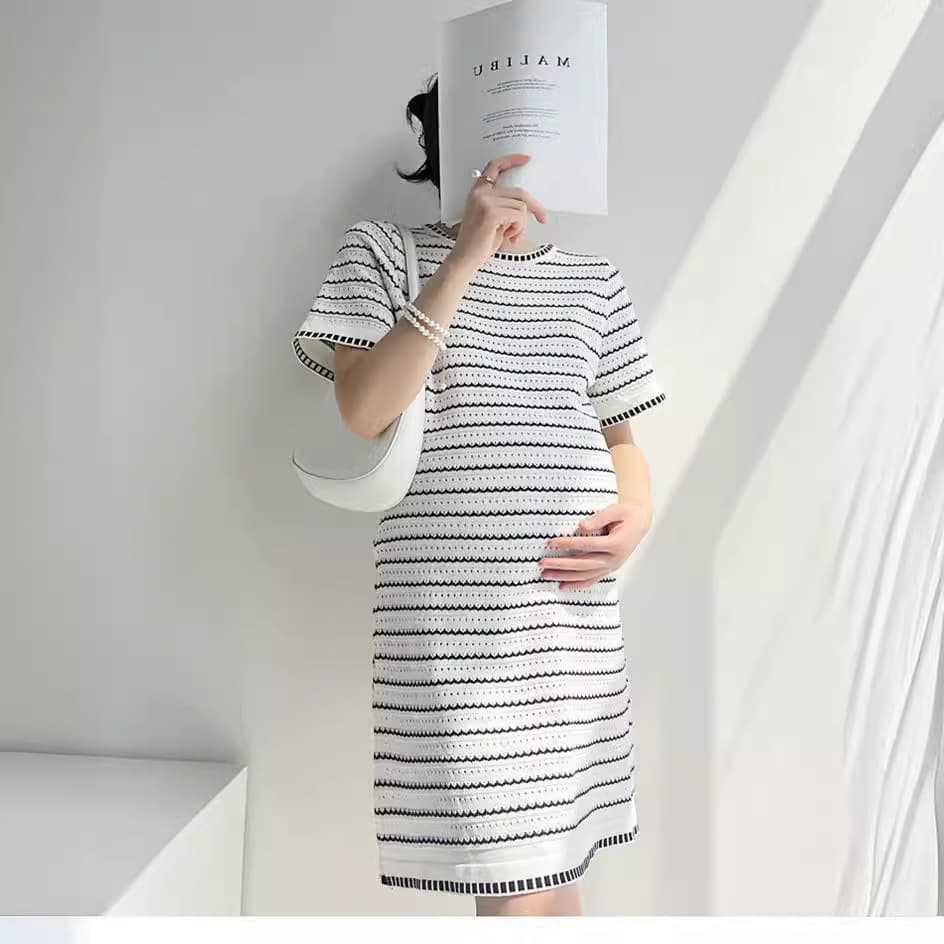 Chanel-style Maternity Dress Spring Summer New Mid-length Short Sleeve Lightweight Knit Dress Striped Loose Slimming Dress for Women