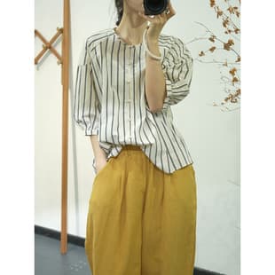 Summer New Sufanka Korean Minimalist Simple Style Vertical Stripe Single-Breasted Round Neck Shirt Half Sleeve Loose Blouse...
