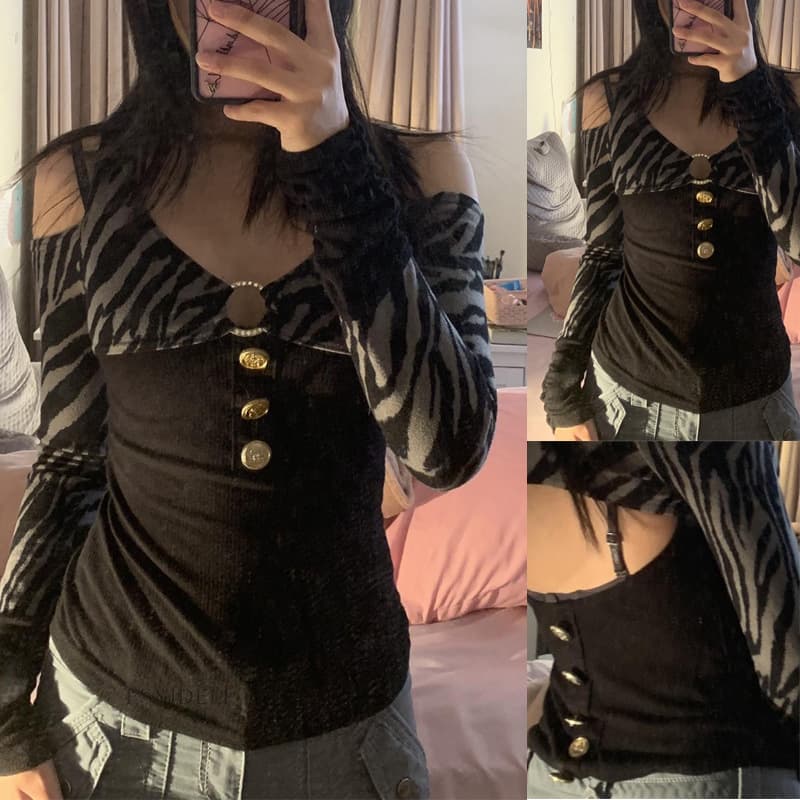 Striped long-sleeved T-shirt women's new striped print beaded personality European and American hollow off-shoulder T-shirt top SU2748