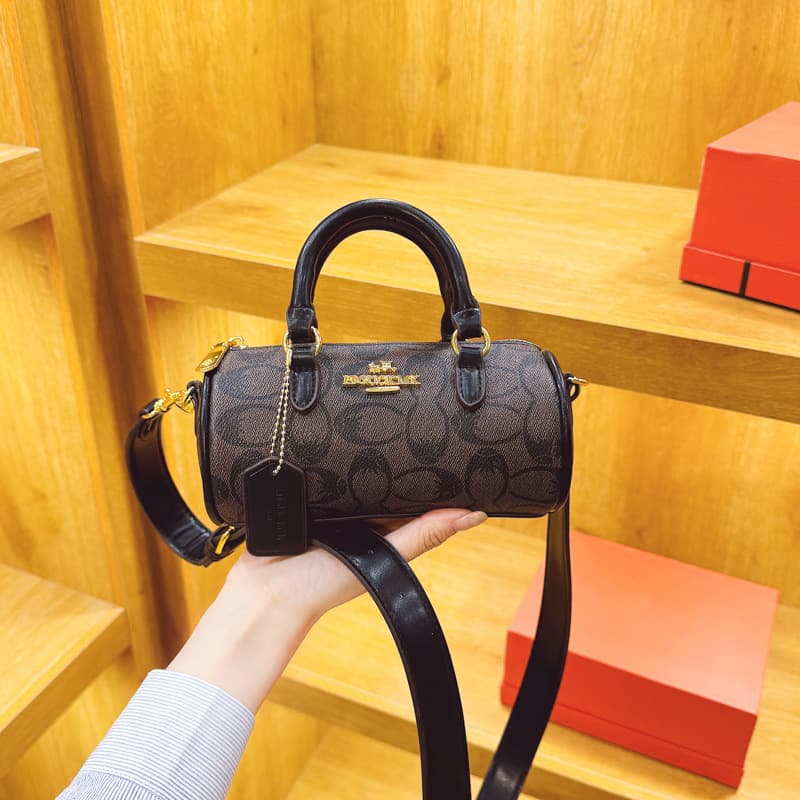 COACH New Lacey20 Shoulder Crossbody Bag Retro Trend Boston Coated Canvas Leather Round Cylinder Bag Pencil Bag