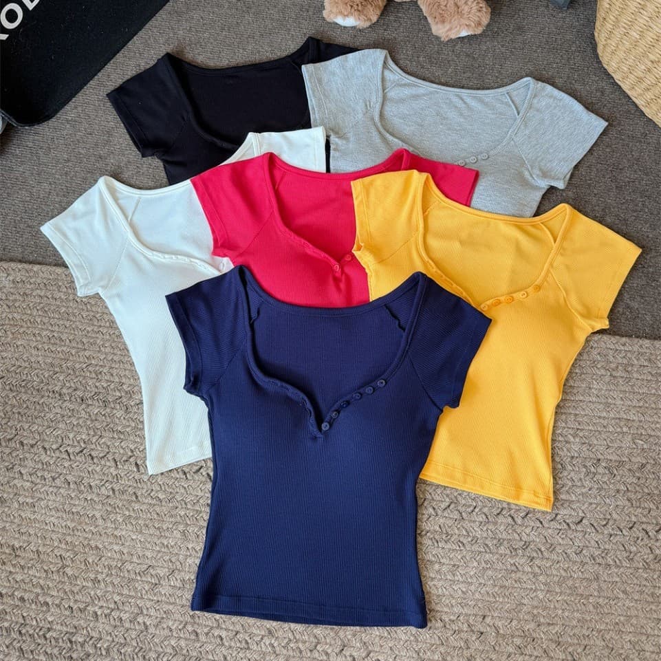 5107# Sexy Heart Neck Slim Fit Short Sleeve T-Shirt Women's Summer Pure and Alluring V-Neck Button Solid Color Casual Versatile Top