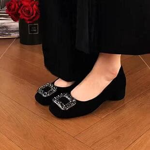 2026 Spring New Cross-Border Rhinestone Square Buckle Ballet Flats Women Round Toe Chunky Heel Shallow Mouth Elegant Versatile High Heels