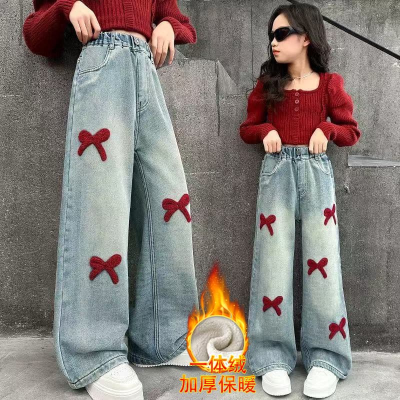 Towel Embroidery Girls Jeans Spring Autumn 2025 New Children's Pants Girls Big Kids Straight Leg Pants Girl Wide Leg Pants