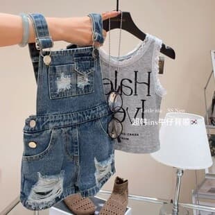 Girls Summer 2026 New American Retro Ripped Denim Overalls Shorts Printed Sleeveless T-Shirt Set