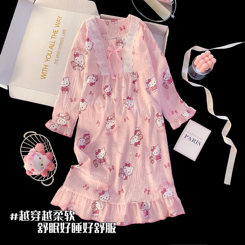 Girls' nightgown summer long-sleeved home clothes thin girls' pajamas cloud cotton loose breathable baby home clothes skirt