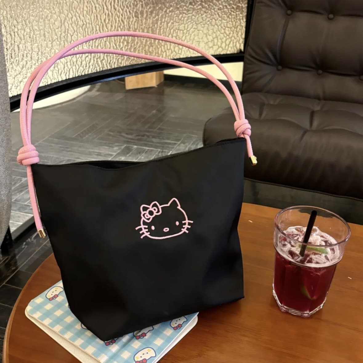Fashionable black and pink color embroidered armpit bag Oxford cloth shoulder strap adjustable dual-use shoulder crossbody kitty bag