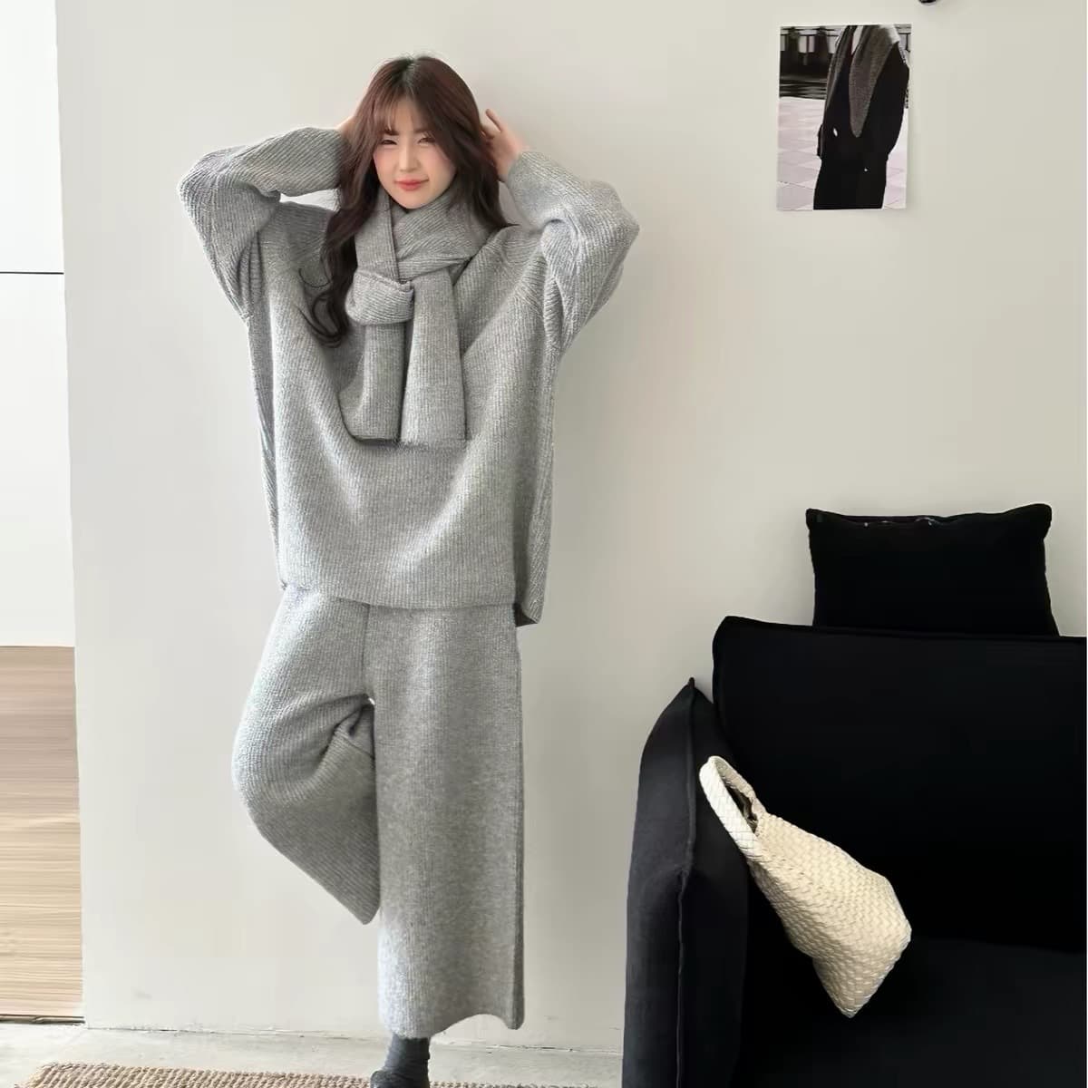 Early autumn and winter lazy knitted suit for women, loose round neck long-sleeved sweater, high-waisted wide-leg nine-quarter pants and scarf three-piece set