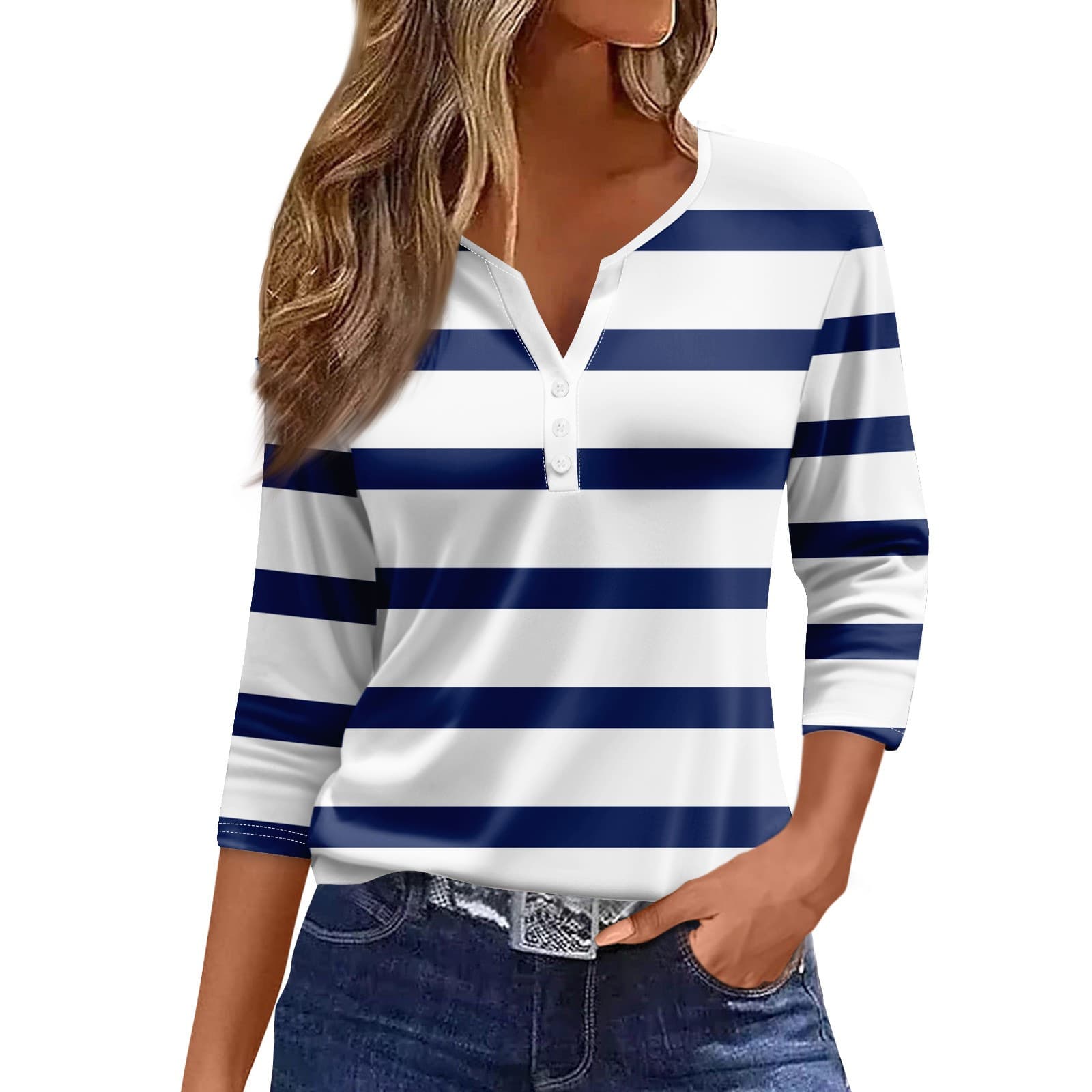 2024 Amazon Popular Women's T-Shirt V-Neck Three-Button Printed Short-Sleeve European and American Women's Tops Source Factory