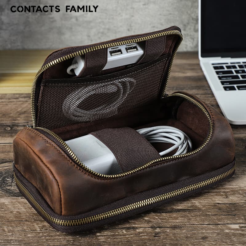 New Crazy Horse Leather Power Bag Multi-Compartment Outdoor Portable Apple Set Zippered Hand Carry Data Cable Storage Pouch
