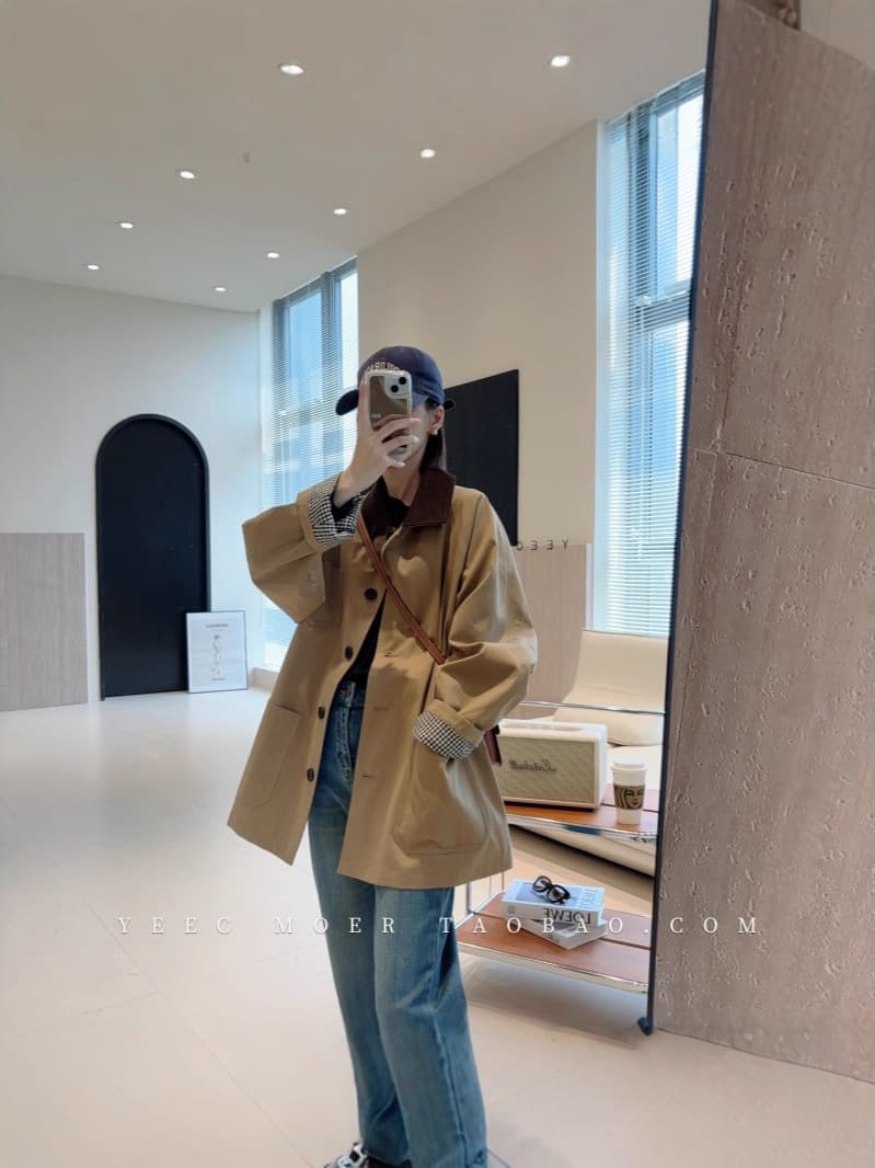 Prague Autumn Full Cotton Oversized Mid-Length Trench Coat for Petite Figures Color-Block Loose Fit Jacket