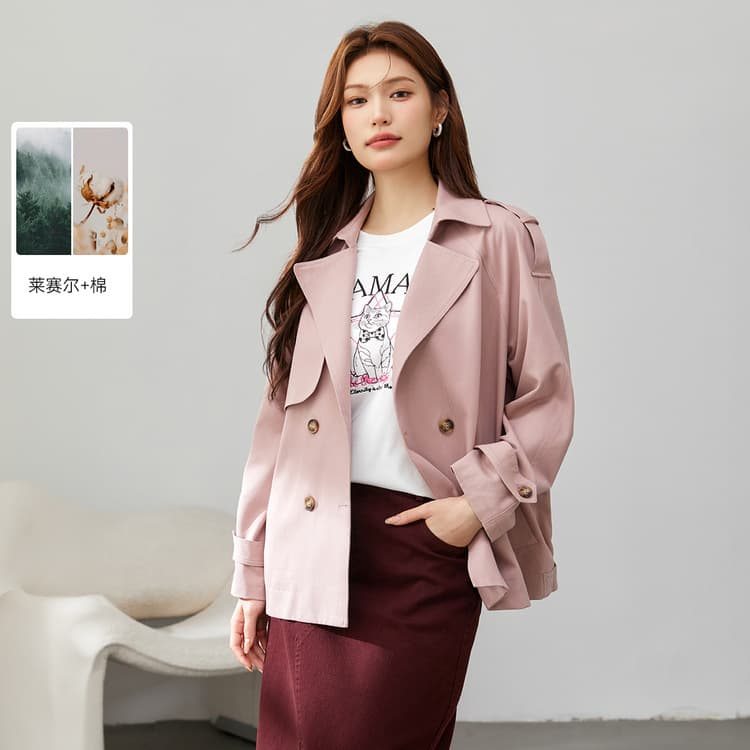 [Lyocell Cotton Twill Short Trench Coat] Slim Fit Plus Size Women's Clothing 2025 Spring New Arrival