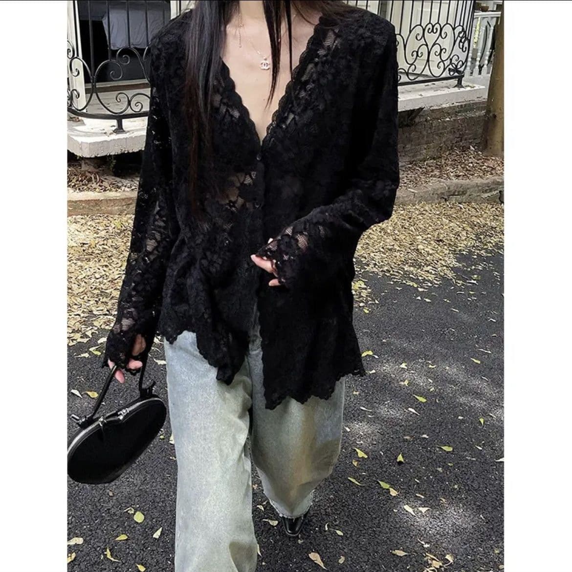 Long-Sleeved Cardigan for Women, Spring and Autumn New Arrival, High-End V-Neck Inner Base Shirt, Sweet and Spicy Hollow Lace Outerwear