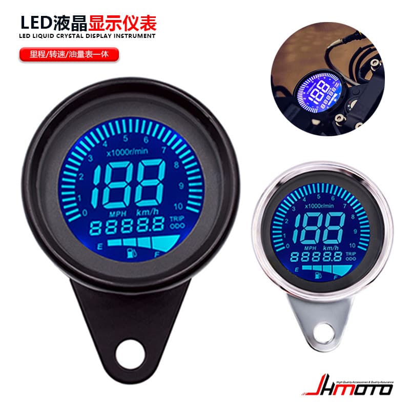 Retro-style motorcycle instrument panel modification: odometer, tachometer, fuel gauge integrated with LED LCD display.
