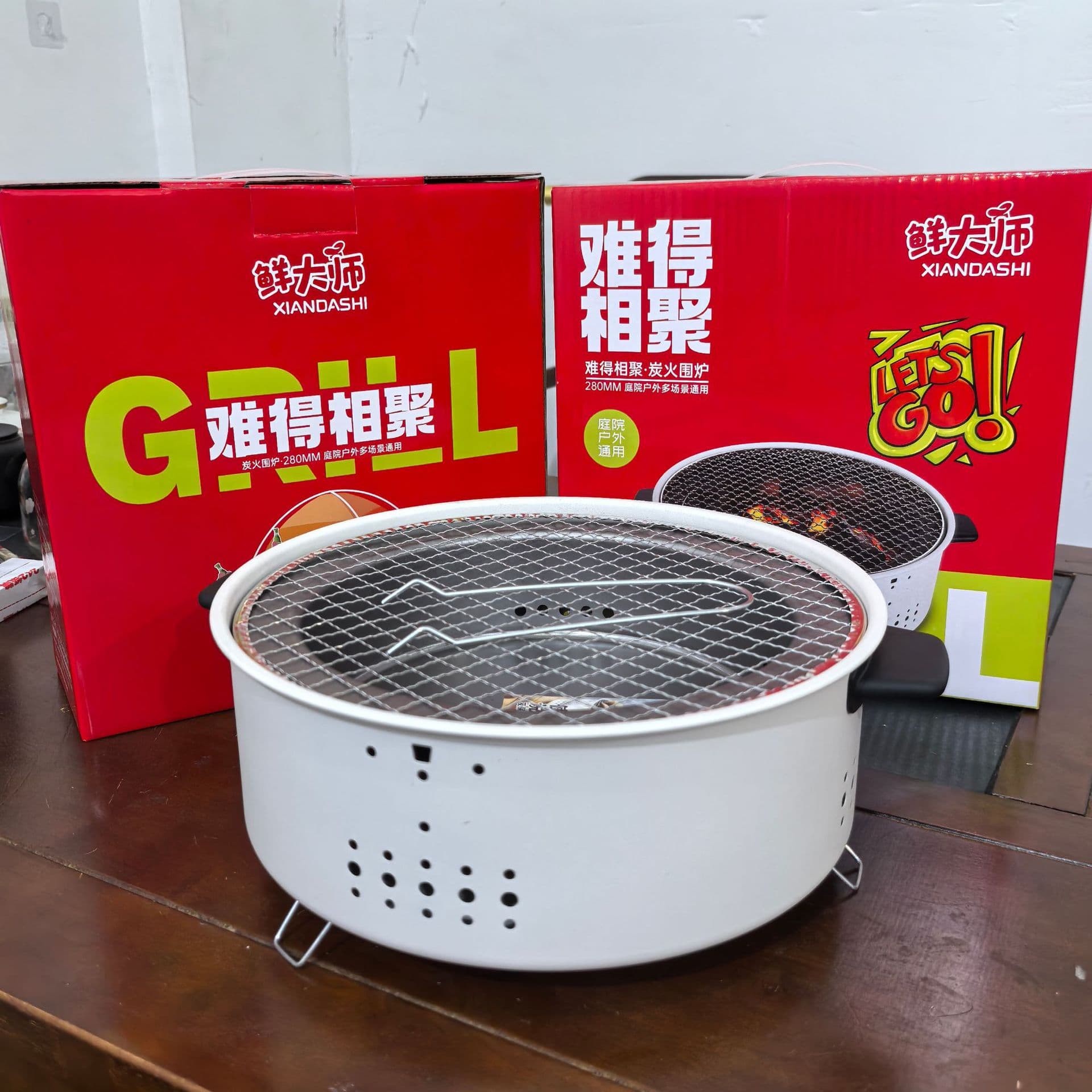 Fresh Master Outdoor BBQ Grill with Tea Boiling Function, 28-inch Round Multi-purpose Charcoal Grill and Heating Stove for Home Use