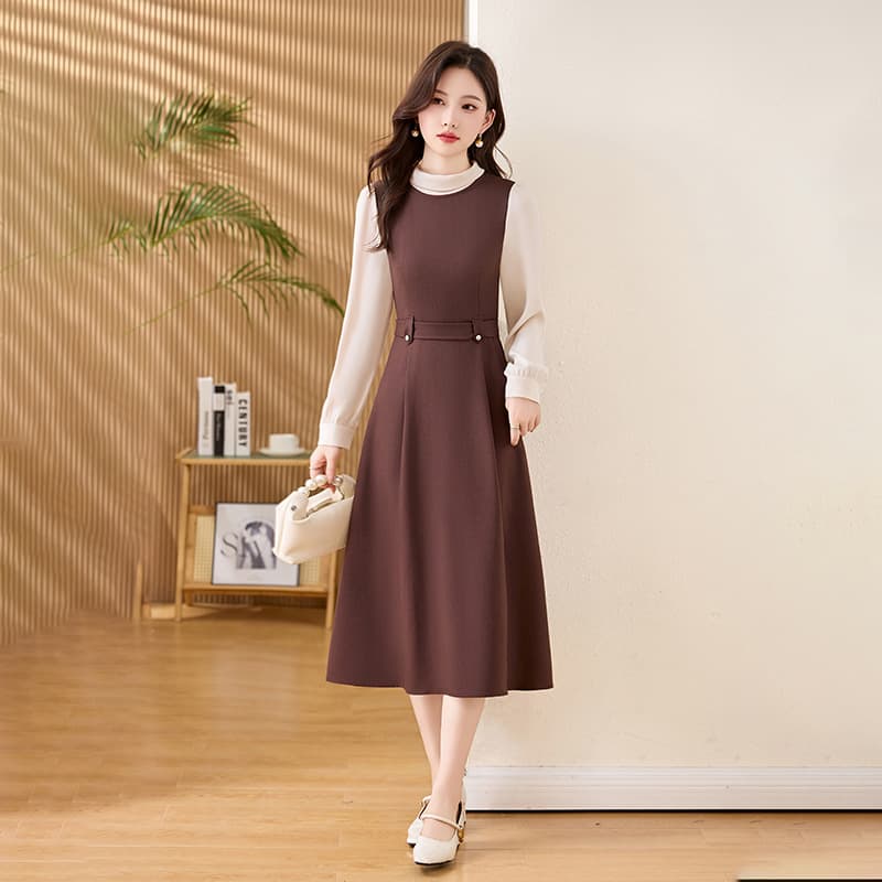 Fashionable Patchwork Faux Two-Piece Dress for Women, Long Sleeve 2025 Autumn New Arrival, Elegant Office Wear with Waist Cinching, Stylish Dress