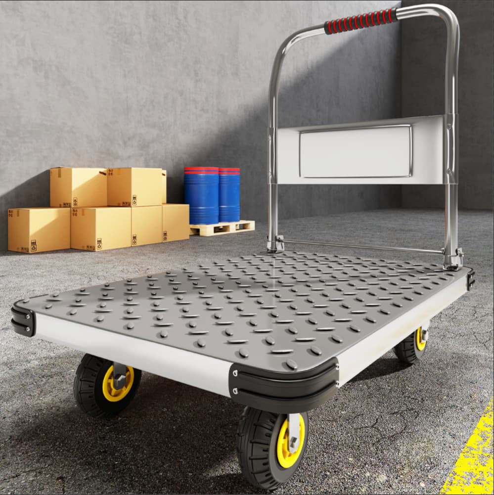 Steel Plate Handcart with Four Silent Wheels, Foldable for Efficient Parcel and Cargo Transport